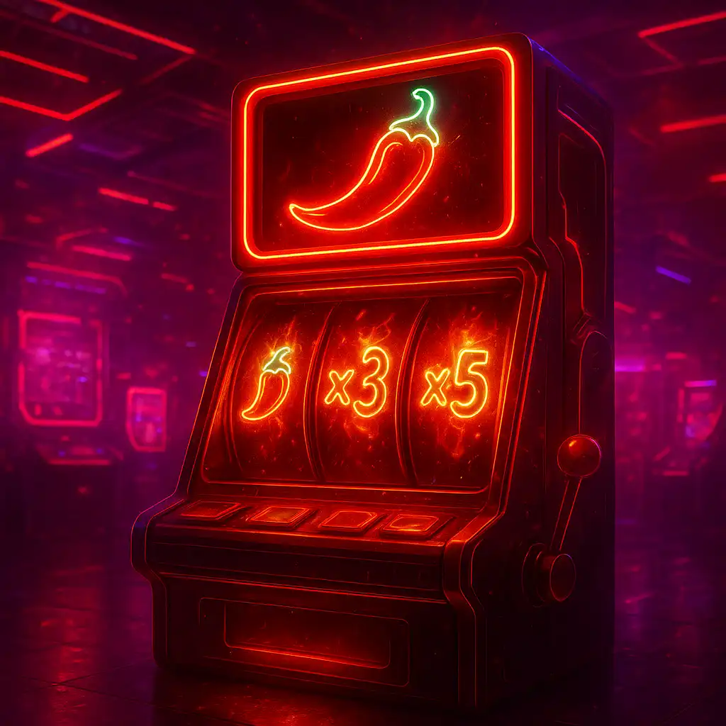 Chili Poppers slot cabinet glowing on the BetMoosh arcade floor