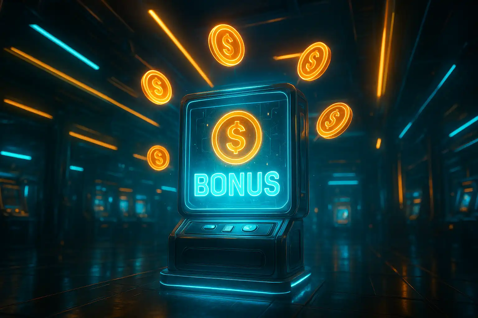 Holographic bonus terminal glowing inside the BetMoosh cyber arcade
