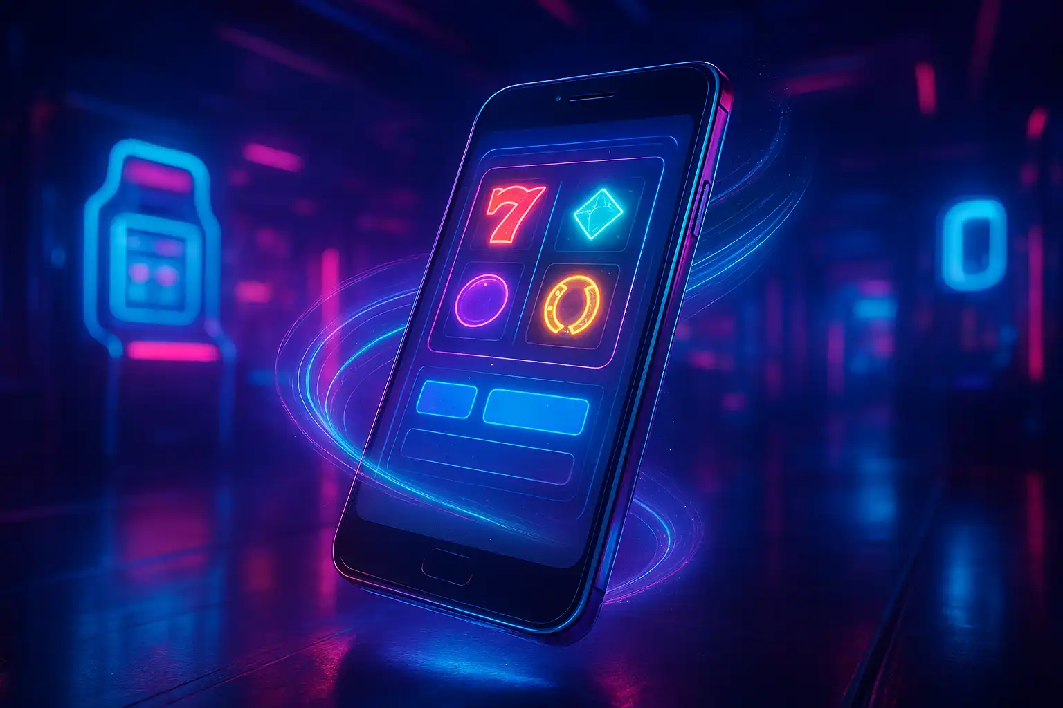 Smartphone displaying the BetMoosh mobile app lobby with neon slot icons