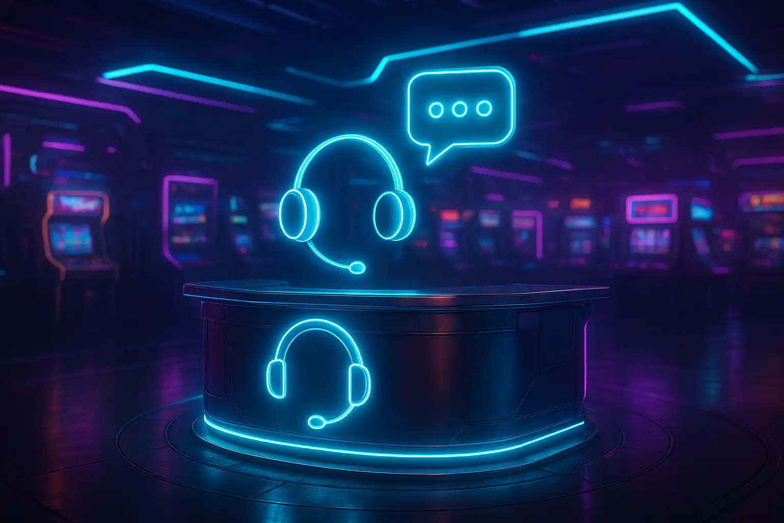 Support agent avatar on a holographic screen inside the BetMoosh help desk